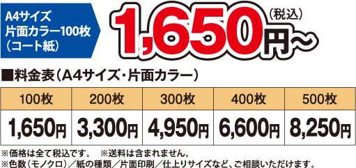 片面カラー：1,650円（100枚）、3,300円（200枚）、4,950円（300枚）、6,600円（400枚）、8,250円（500枚）　　※価格は全て税込です。　※色数（モノクロ）・紙の種類・仕上りサイズなど、ご相談いただけます。